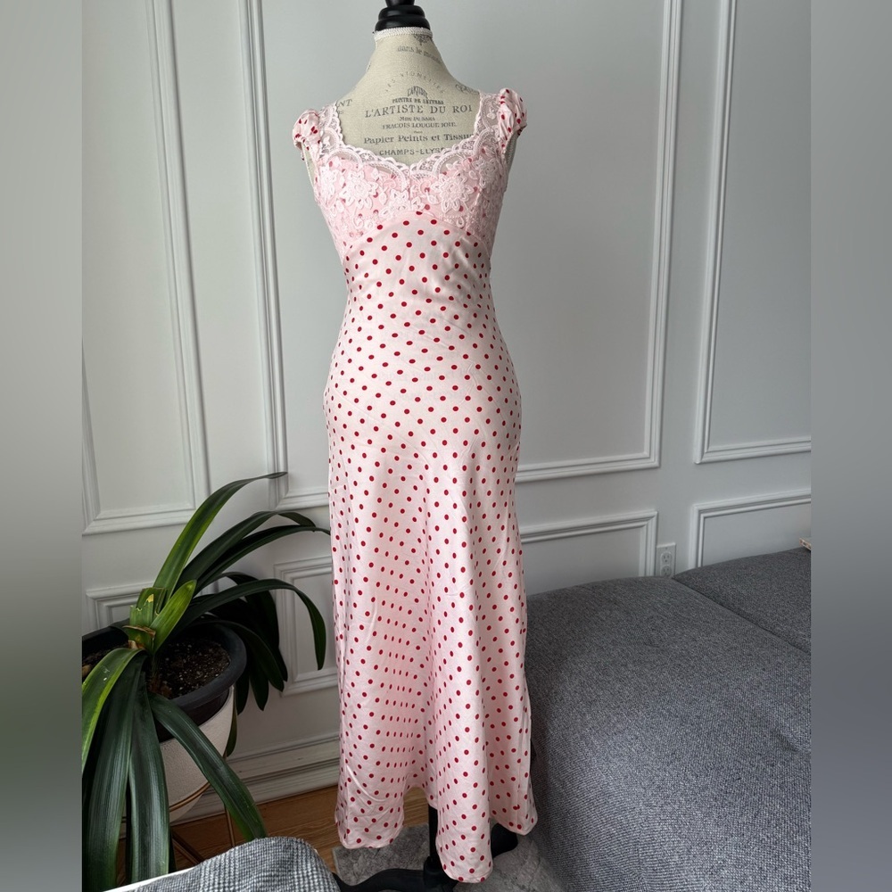 Pink and red polka dot midi dress